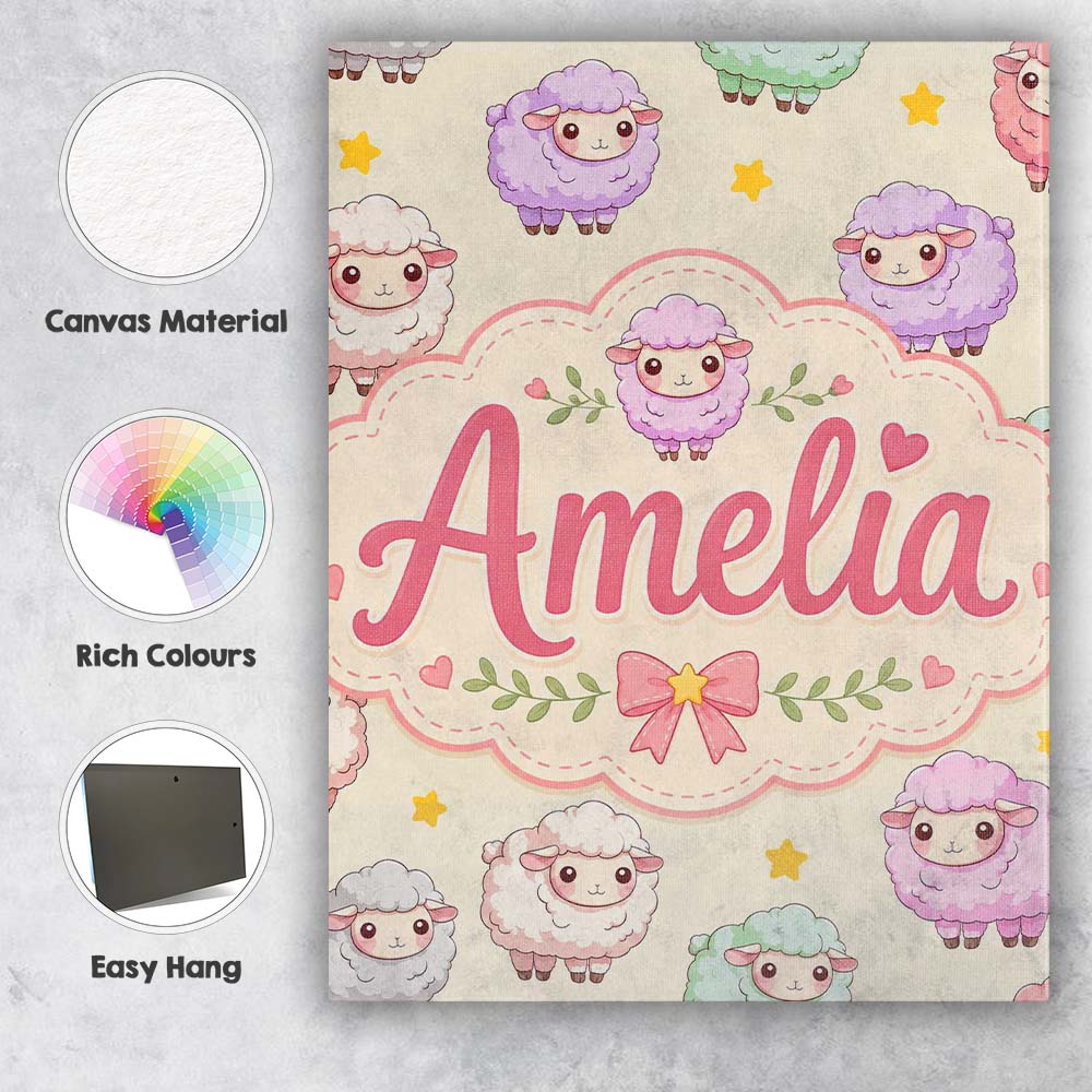 Personalised Name Cute Pastel Sheep Stars Custom Unique Gift Idea Elegant Feature Canvas Wall Art Print Decor Picture Ready to Hang