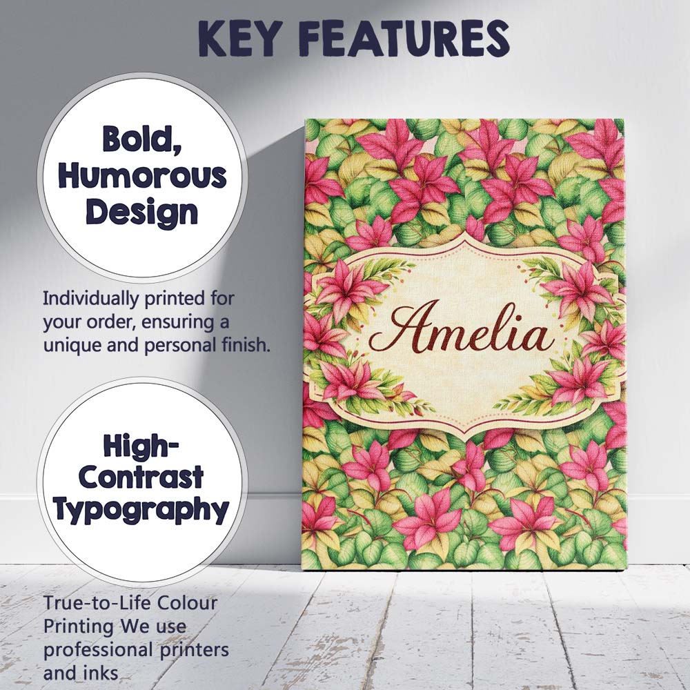 Personalised Name Vibrant Pink Green Tropical Leaves Seamless Custom Contemporary Display Canvas Wall Art Print Decor Picture Ready to Hang