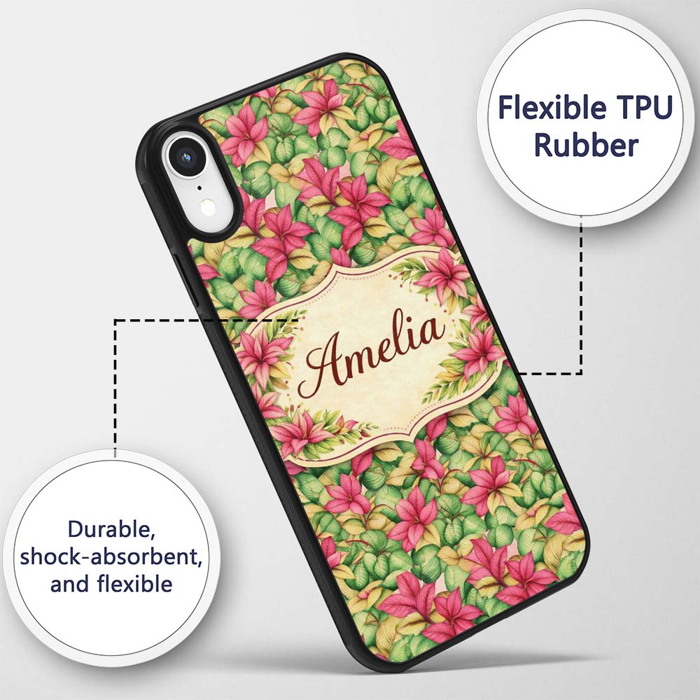 Vibrant Pink Green Tropical Leaves Printed Design Custom Name Protective Phone Case Mobile Cover Durable Everyday Smartphone Shock Resistant