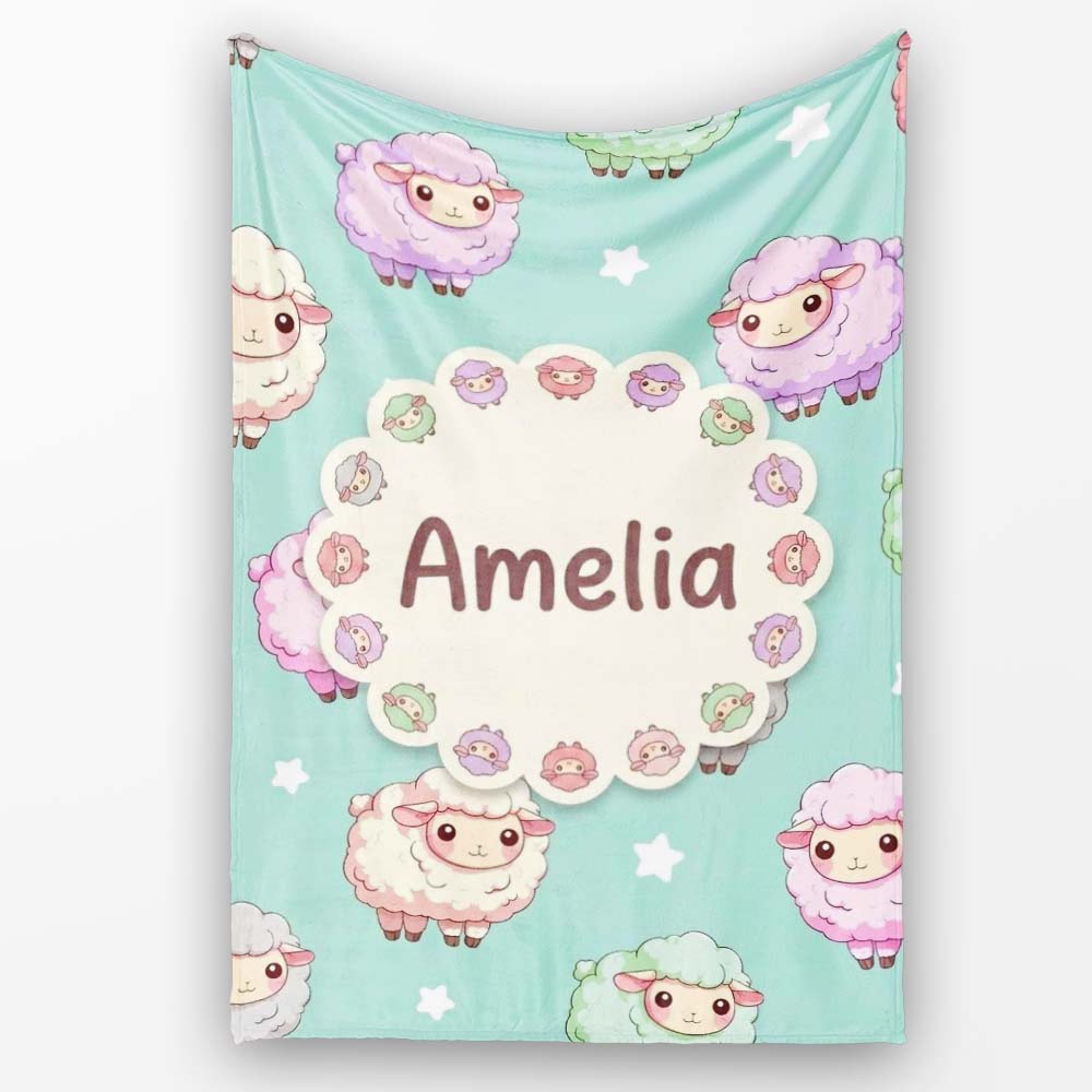 Cute Pastel Sheep Stars Mint Background Seamless Pattern Name Personalised Custom Name Super Soft Fleece Blanket Bed Sofa Throw