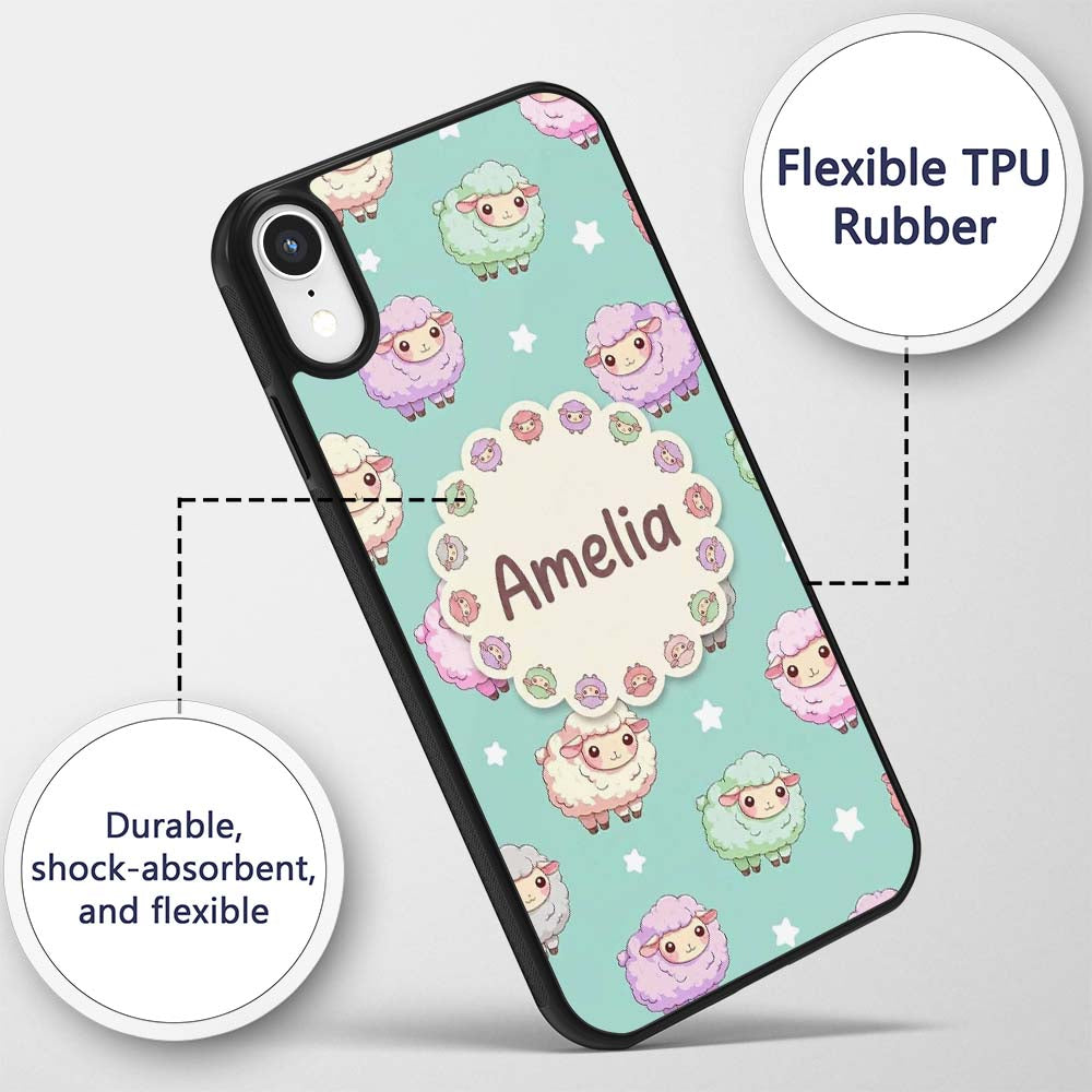 Cute Pastel Sheep Stars Mint Background Seamless Custom Name Protective Phone Case Mobile Cover Durable Everyday Smartphone Shock Resistant
