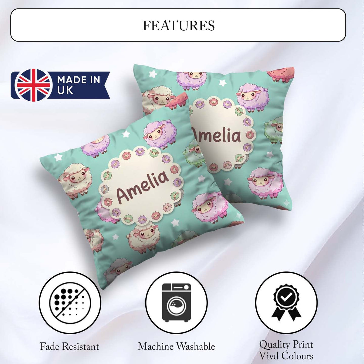Custom Name Cute Pastel Sheep Stars Mint Background Pattern Name Square Filled Cushion Throw Pillow Sofa Bed Home Decor Zip Washable UK Made