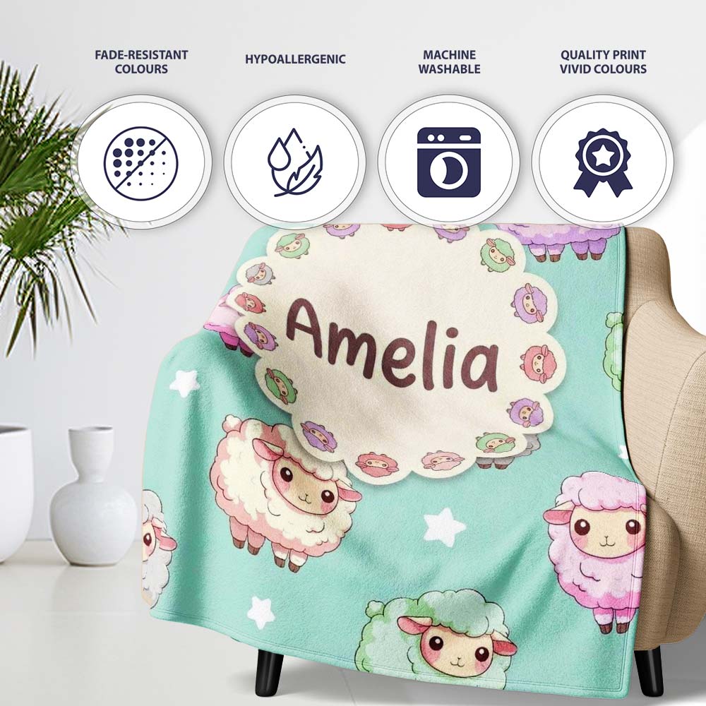Cute Pastel Sheep Stars Mint Background Seamless Pattern Name Personalised Custom Name Super Soft Fleece Blanket Bed Sofa Throw