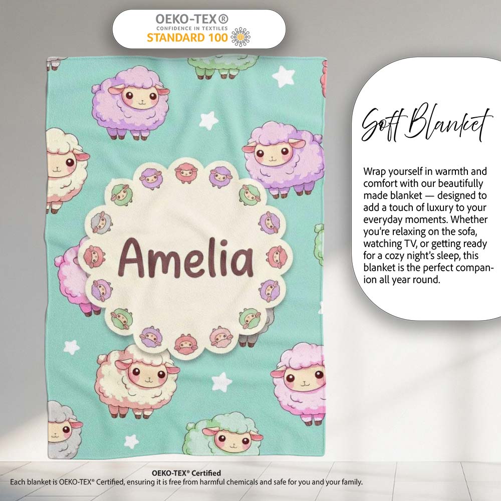 Cute Pastel Sheep Stars Mint Background Seamless Pattern Name Personalised Custom Name Super Soft Fleece Blanket Bed Sofa Throw