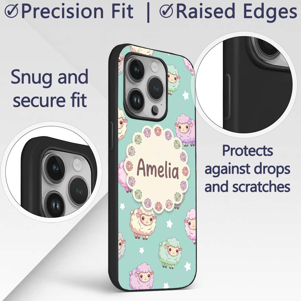 Cute Pastel Sheep Stars Mint Background Seamless Custom Name Protective Phone Case Mobile Cover Durable Everyday Smartphone Shock Resistant