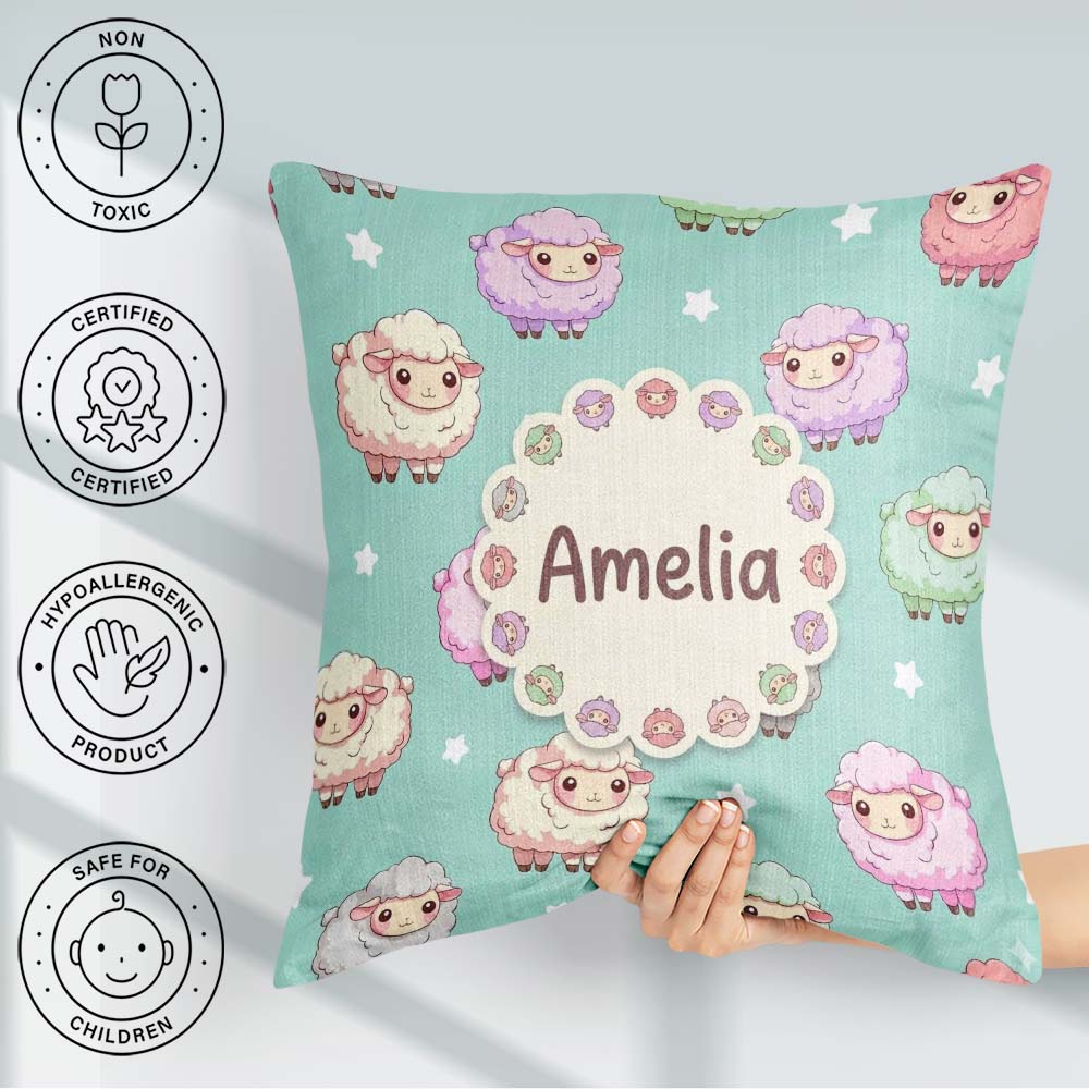 Custom Name Cute Pastel Sheep Stars Mint Background Pattern Name Square Filled Cushion Throw Pillow Sofa Bed Home Decor Zip Washable UK Made