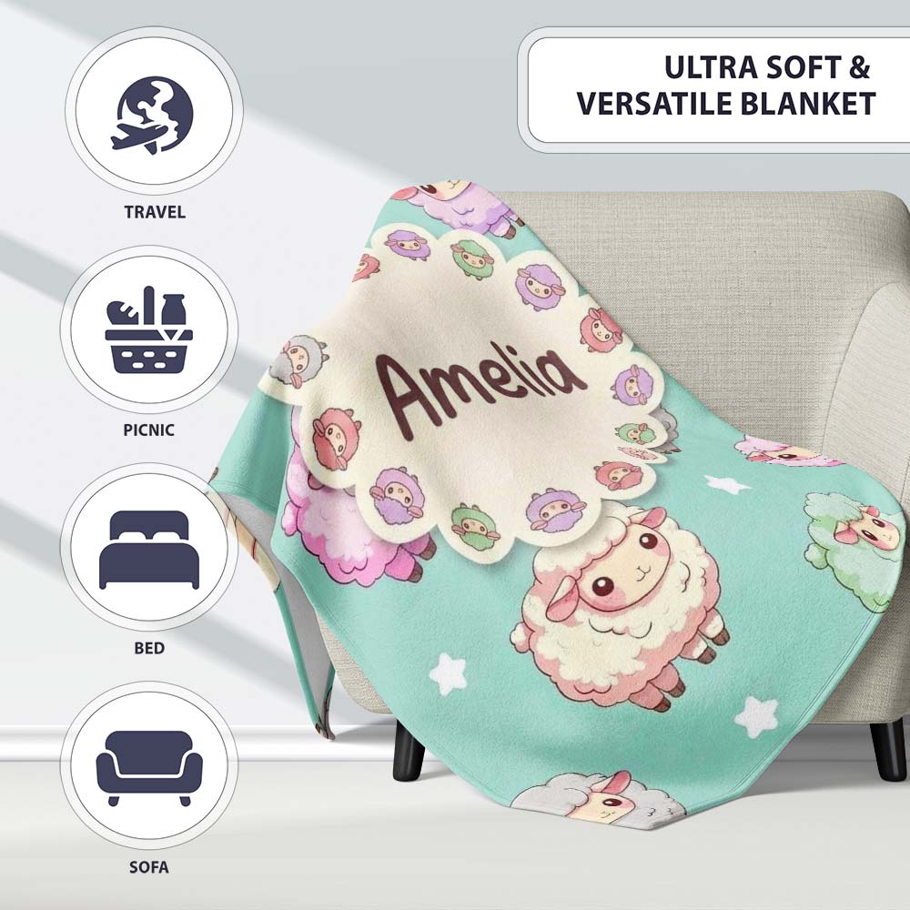Cute Pastel Sheep Stars Mint Background Seamless Pattern Name Personalised Custom Name Super Soft Fleece Blanket Bed Sofa Throw