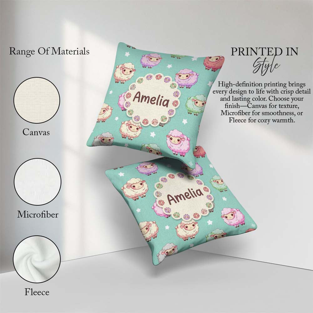 Custom Name Cute Pastel Sheep Stars Mint Background Pattern Name Square Filled Cushion Throw Pillow Sofa Bed Home Decor Zip Washable UK Made