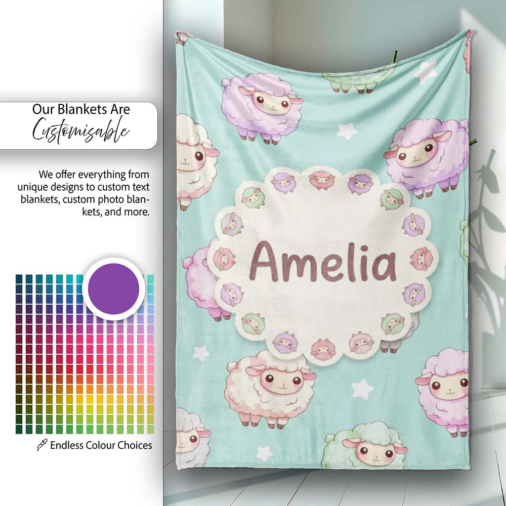 Cute Pastel Sheep Stars Mint Background Seamless Pattern Name Personalised Custom Name Super Soft Fleece Blanket Bed Sofa Throw