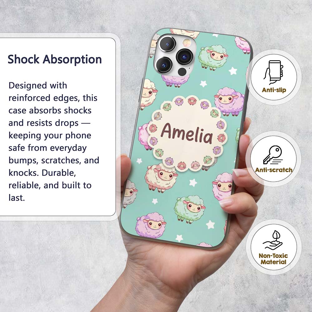 Cute Pastel Sheep Stars Mint Background Seamless Custom Name Protective Phone Case Mobile Cover Durable Everyday Smartphone Shock Resistant