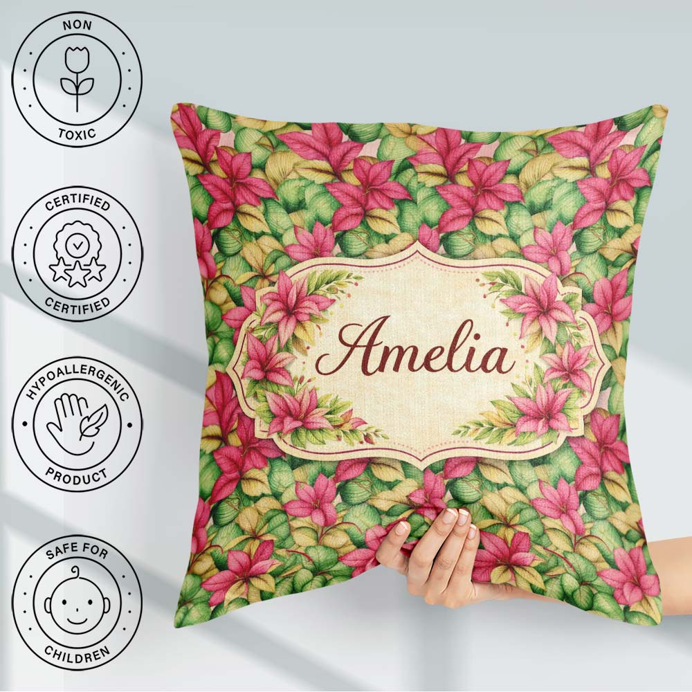 Custom Name Vibrant Pink Green Tropical Leaves Seamless Pattern Square Filled Cushion Throw Pillow Sofa Bed Home Decor Zip Washable UK Made
