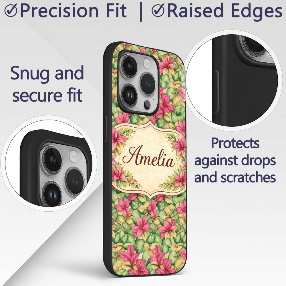 Vibrant Pink Green Tropical Leaves Printed Design Custom Name Protective Phone Case Mobile Cover Durable Everyday Smartphone Shock Resistant