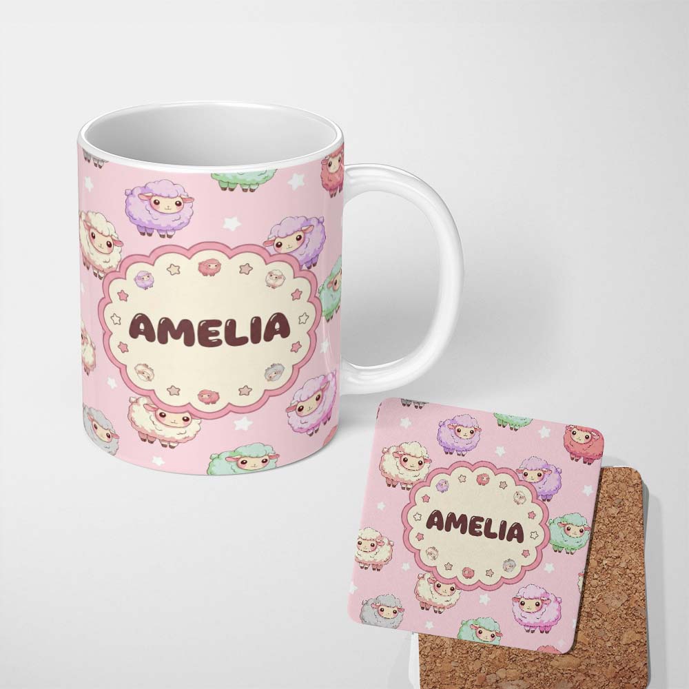 Personalized Custom Name Cute Pastel Sheep Stars Pink Background Seamless Pattern Name 11oz Ceramic Coffee Tea Mug White Large Handle