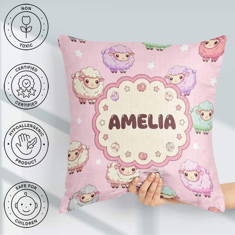Custom Name Cute Pastel Sheep Stars Pink Background Pattern Name Square Filled Cushion Throw Pillow Sofa Bed Home Decor Zip Washable UK Made