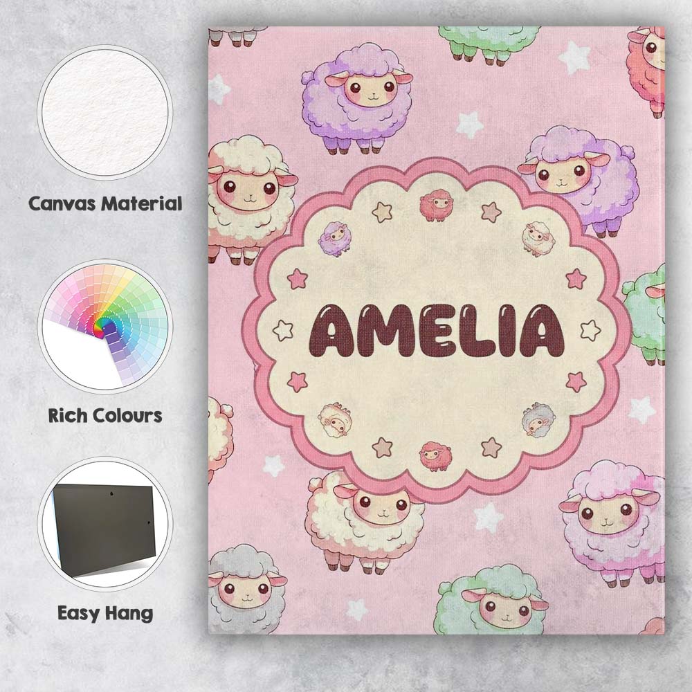 Personalised Name Cute Pastel Sheep Stars Custom Unique Gift Idea Elegant Feature Canvas Wall Art Print Decor Picture Ready to Hang