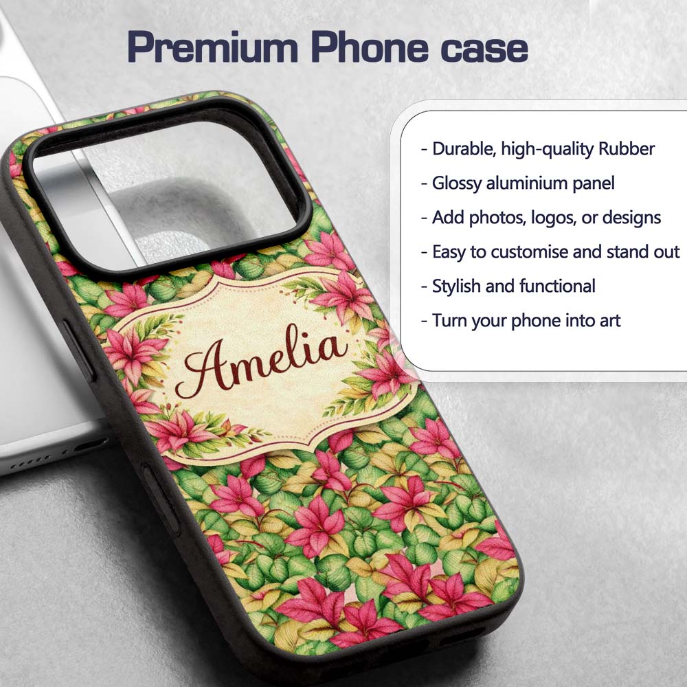 Vibrant Pink Green Tropical Leaves Printed Design Custom Name Protective Phone Case Mobile Cover Durable Everyday Smartphone Shock Resistant