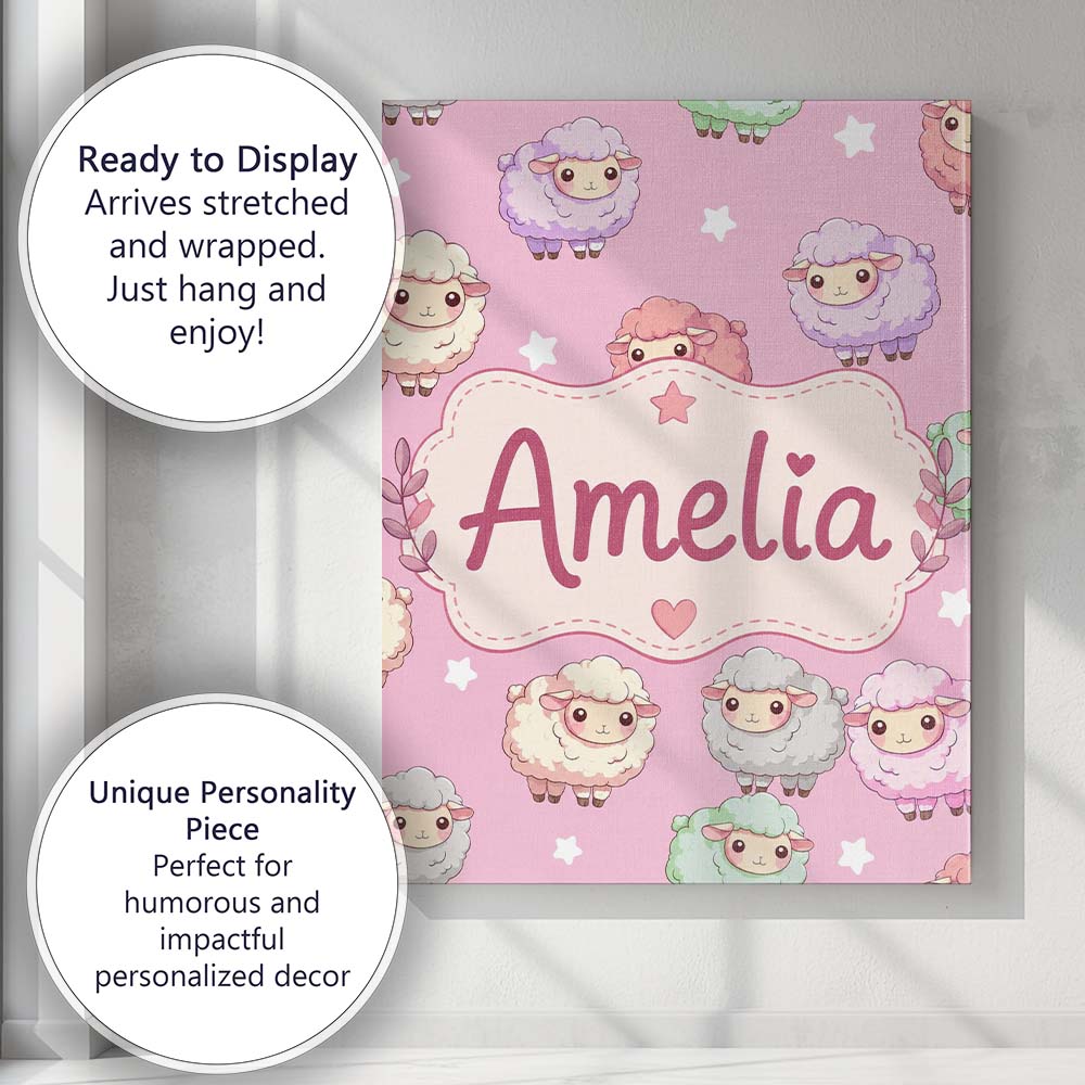 Personalised Name Cute Pastel Sheep Stars Custom Unique Gift Idea Elegant Feature Canvas Wall Art Print Decor Picture Ready to Hang