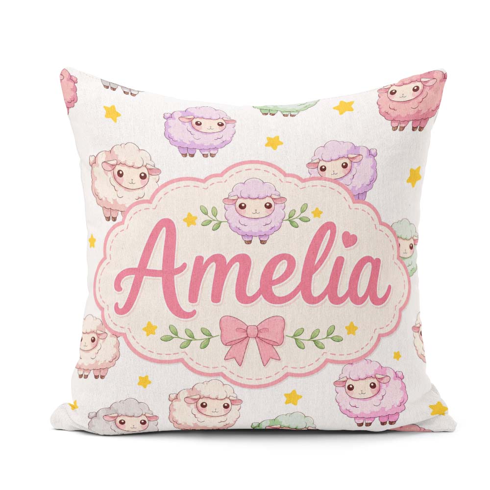 Custom Name Cute Pastel Sheep Stars Grey Background Pattern Name Square Filled Cushion Throw Pillow Sofa Bed Home Decor Zip Washable UK Made