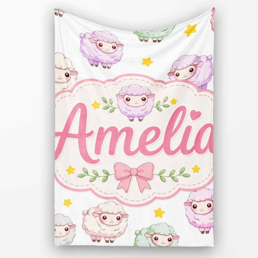 Cute Pastel Sheep Stars Grey Background Seamless Pattern Name Personalised Custom Name Super Soft Fleece Blanket Bed Sofa Throw