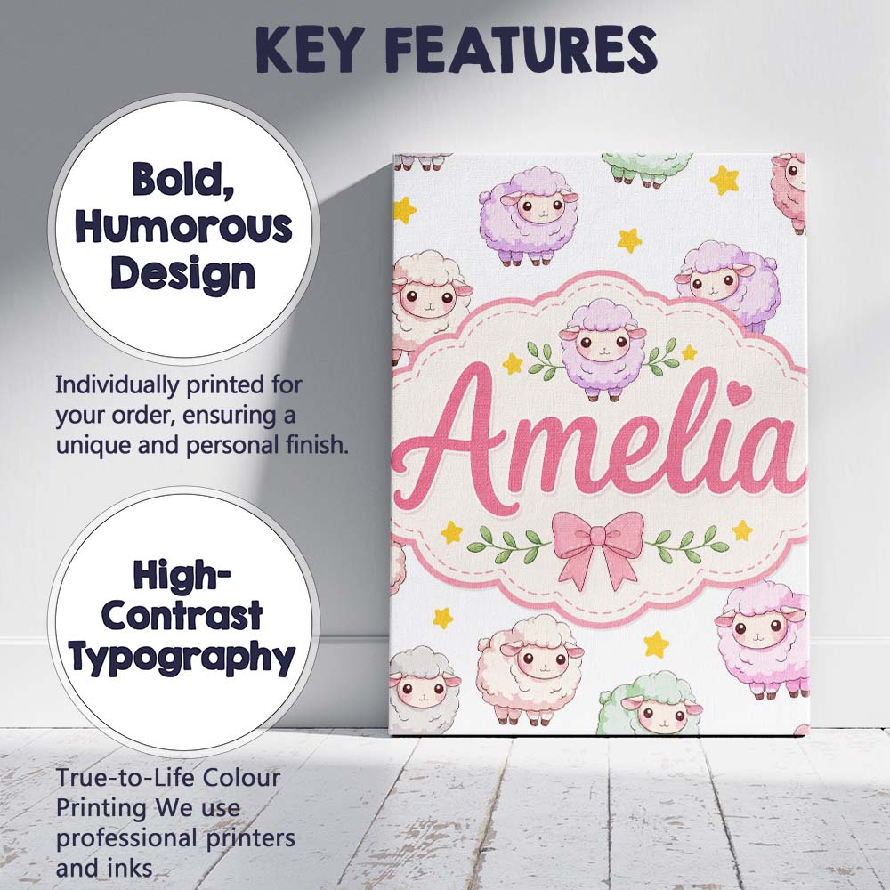Personalised Name Cute Pastel Sheep Stars Custom Unique Gift Idea Elegant Feature Canvas Wall Art Print Decor Picture Ready to Hang
