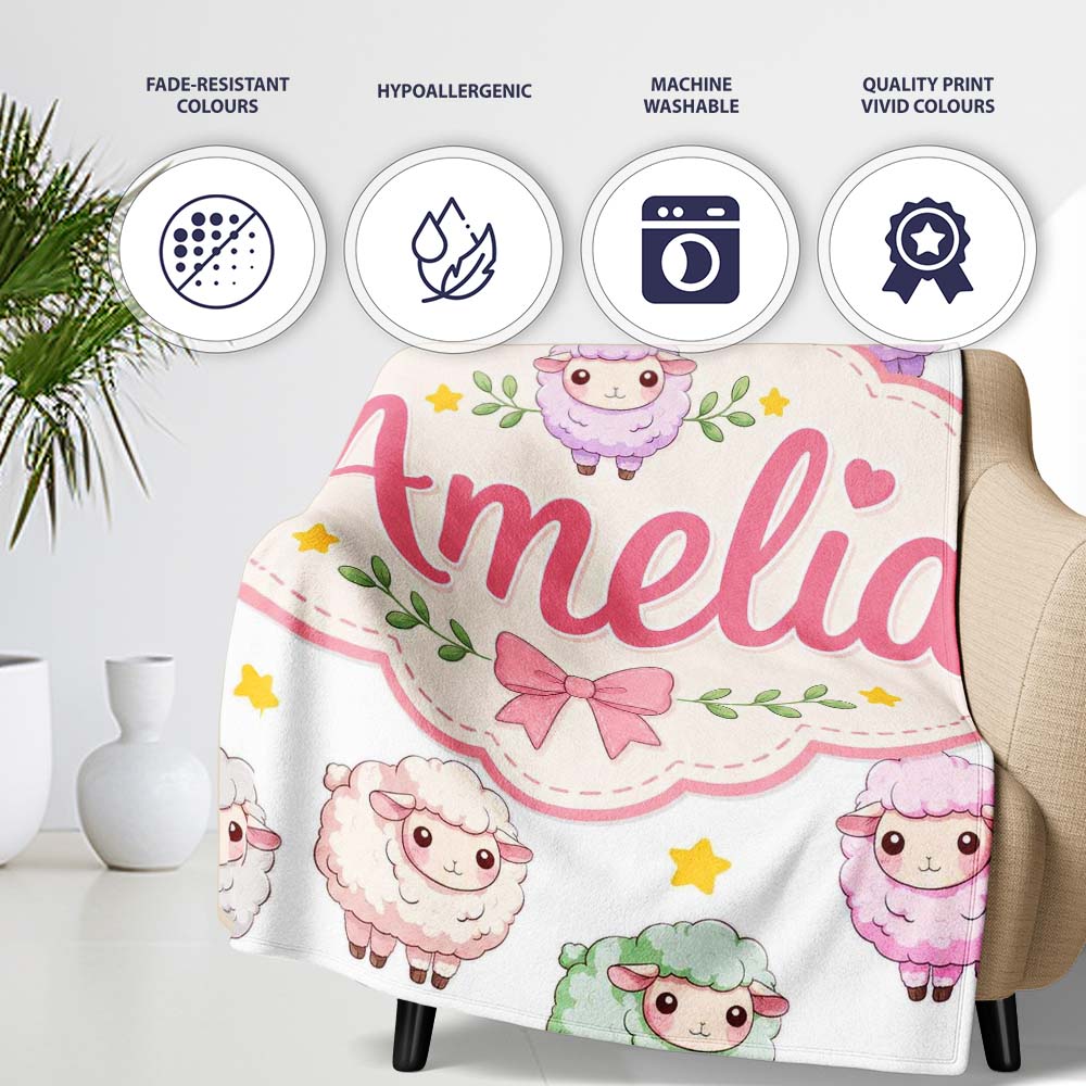 Cute Pastel Sheep Stars Grey Background Seamless Pattern Name Personalised Custom Name Super Soft Fleece Blanket Bed Sofa Throw