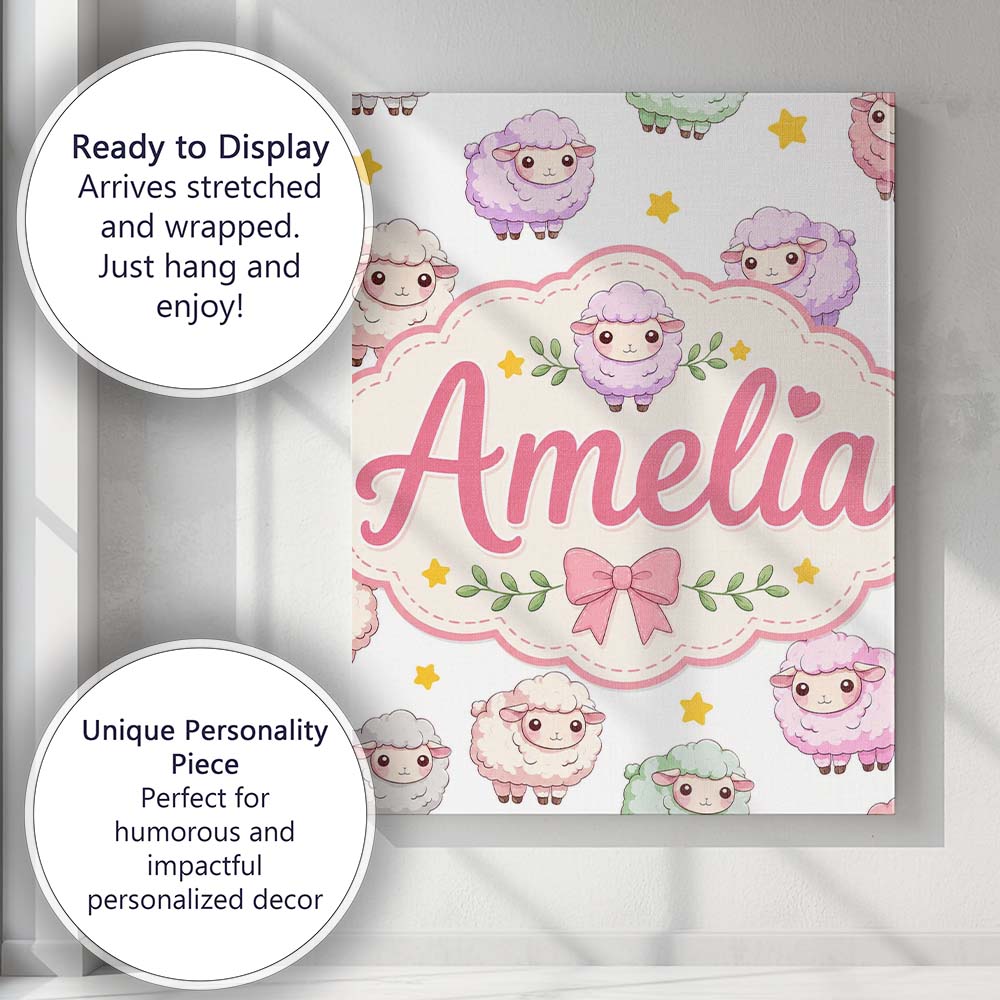 Personalised Name Cute Pastel Sheep Stars Custom Unique Gift Idea Elegant Feature Canvas Wall Art Print Decor Picture Ready to Hang