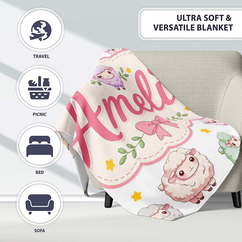 Cute Pastel Sheep Stars Grey Background Seamless Pattern Name Personalised Custom Name Super Soft Fleece Blanket Bed Sofa Throw