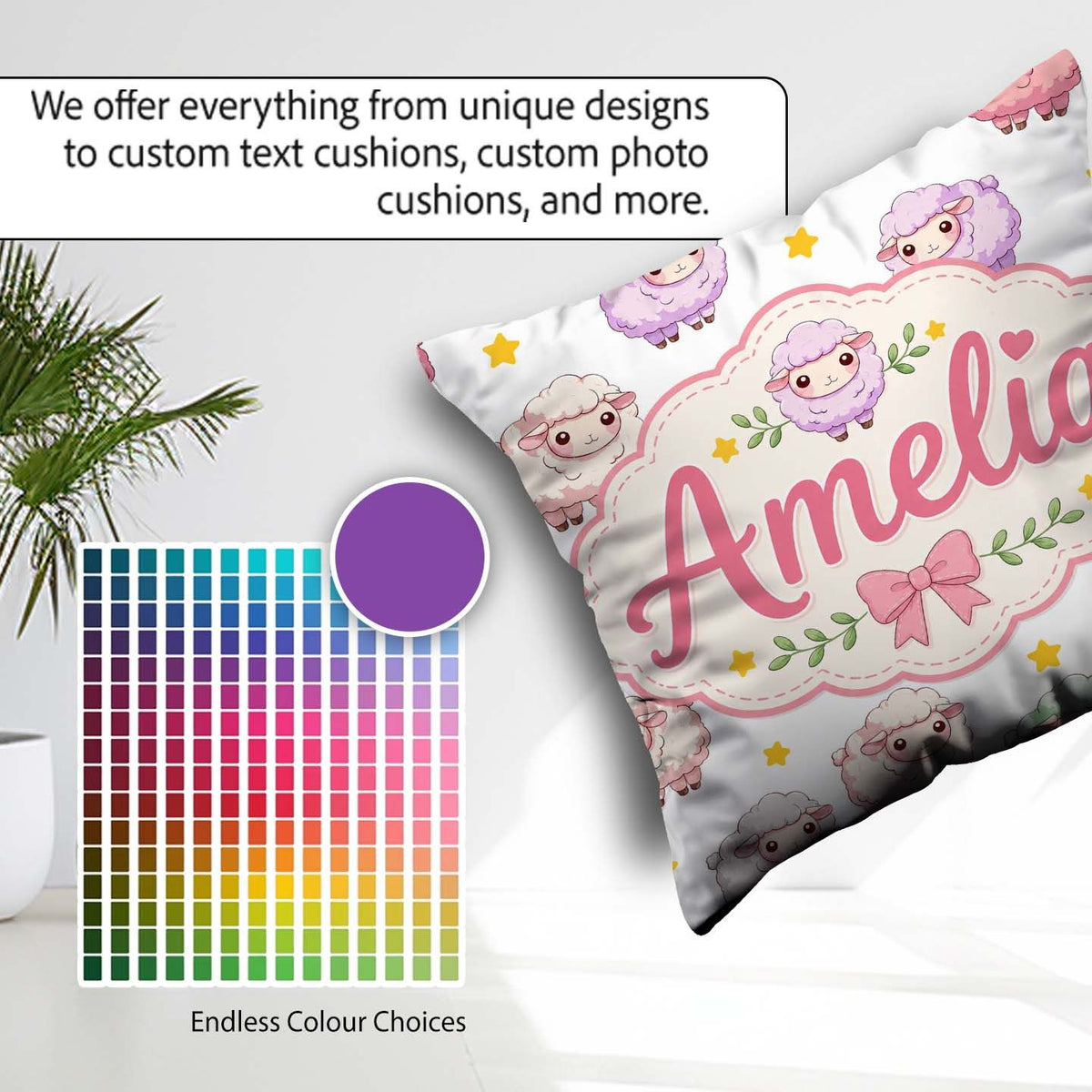 Custom Name Cute Pastel Sheep Stars Grey Background Pattern Name Square Filled Cushion Throw Pillow Sofa Bed Home Decor Zip Washable UK Made