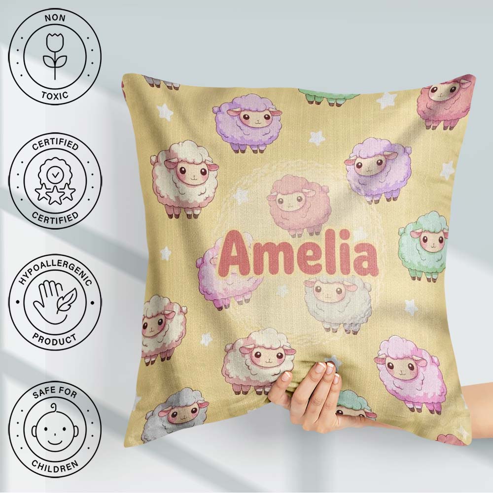 Custom Name Cute Pastel Sheep Stars Yellow Seamless Pattern Name Square Filled Cushion Throw Pillow Sofa Bed Home Decor Zip Washable UK Made