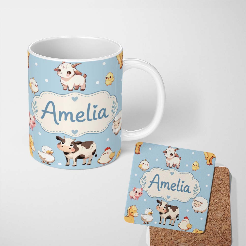 Personalized Custom Name Cute Farm Animals Cow Goat Pig Chicken Blue Seamless Pattern Name 11oz Ceramic Coffee Tea Mug White Large Handle