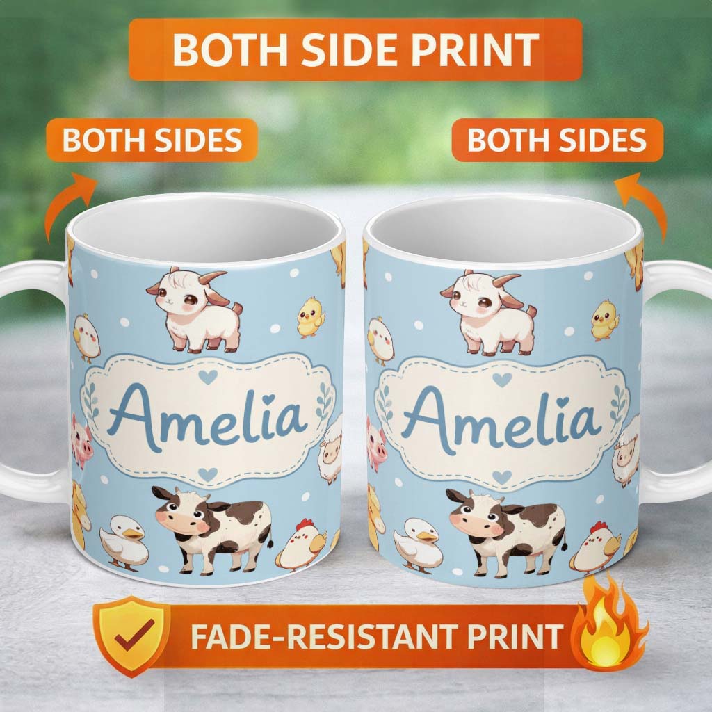 Personalized Custom Name Cute Farm Animals Cow Goat Pig Chicken Blue Seamless Pattern Name 11oz Ceramic Coffee Tea Mug White Large Handle