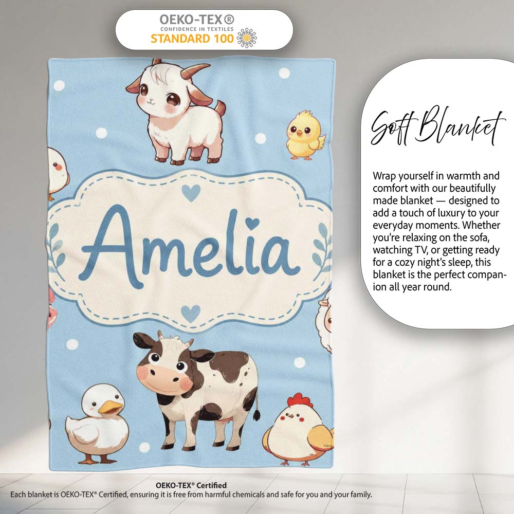 Cute Farm Animals Cow Goat Pig Chicken Blue Seamless Pattern Name Personalised Custom Name Super Soft Fleece Blanket Bed Sofa Throw