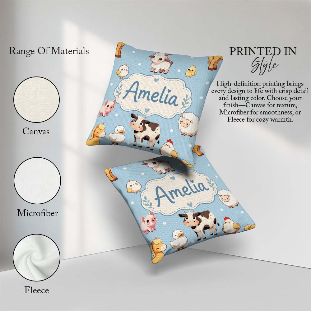 Custom Name Farm Animals Cow Goat Pig Chicken Blue Seamless Name Square Filled Cushion Throw Pillow Sofa Bed Home Decor Zip Washable UK Made