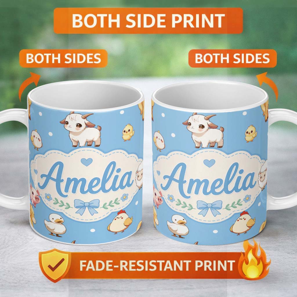 Personalized Custom Name Cute Farm Animals Cow Goat Pig Chicken Blue Seamless Pattern Name 11oz Ceramic Coffee Tea Mug White Large Handle