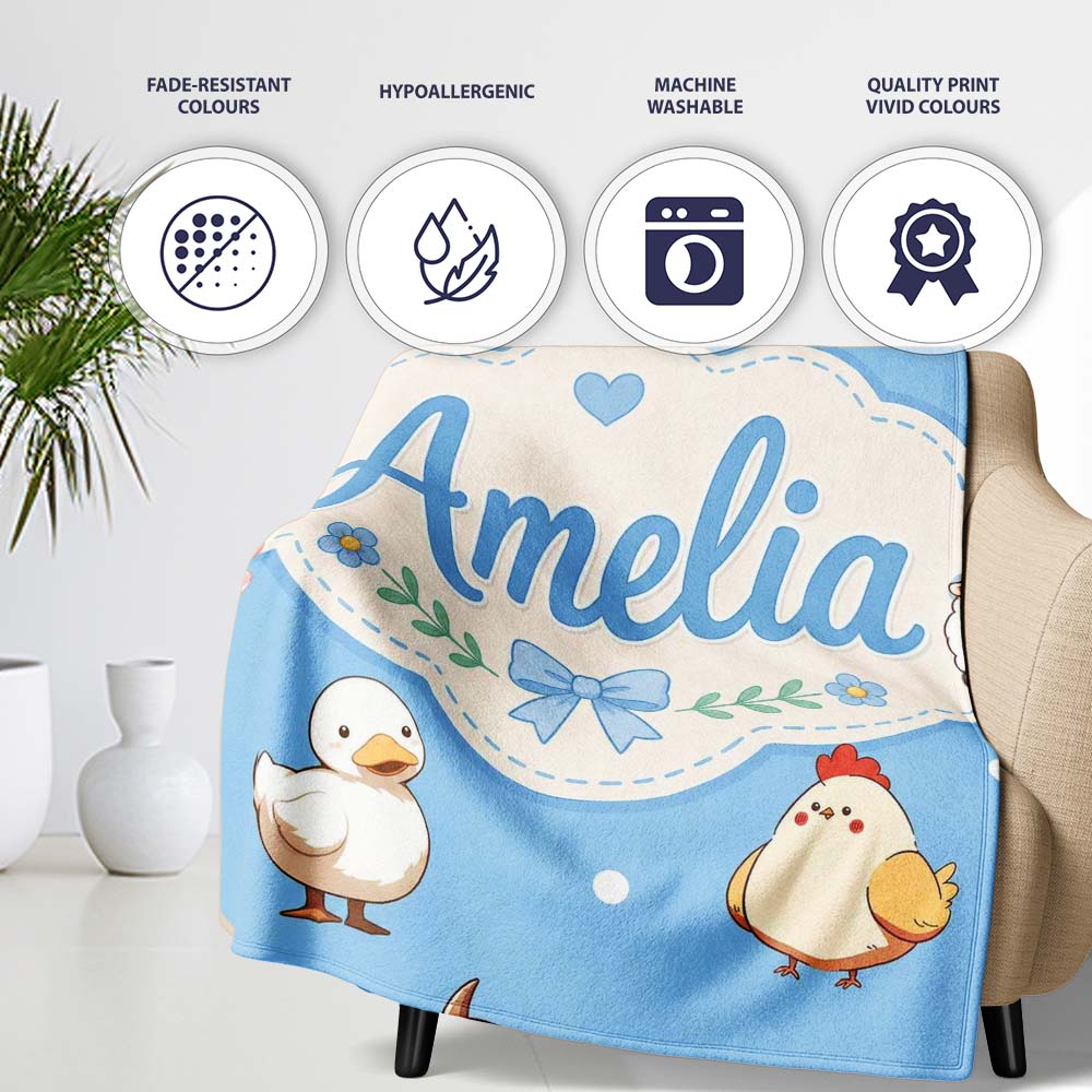 Cute Farm Animals Cow Goat Pig Chicken Blue Seamless Pattern Name Personalised Custom Name Super Soft Fleece Blanket Bed Sofa Throw