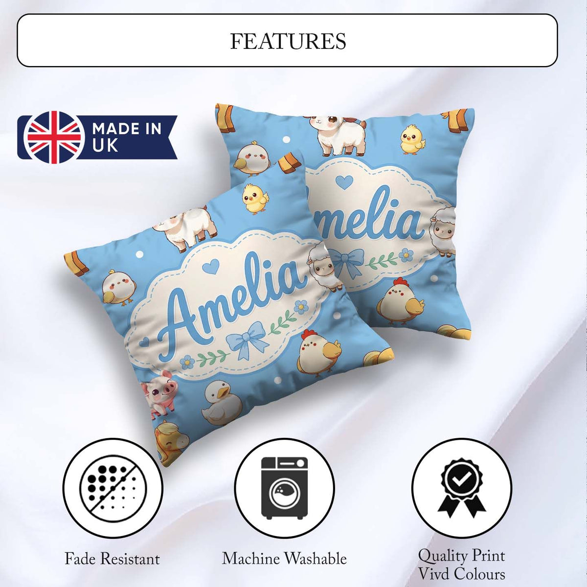 Custom Name Farm Animals Cow Goat Pig Chicken Blue Seamless Name Square Filled Cushion Throw Pillow Sofa Bed Home Decor Zip Washable UK Made