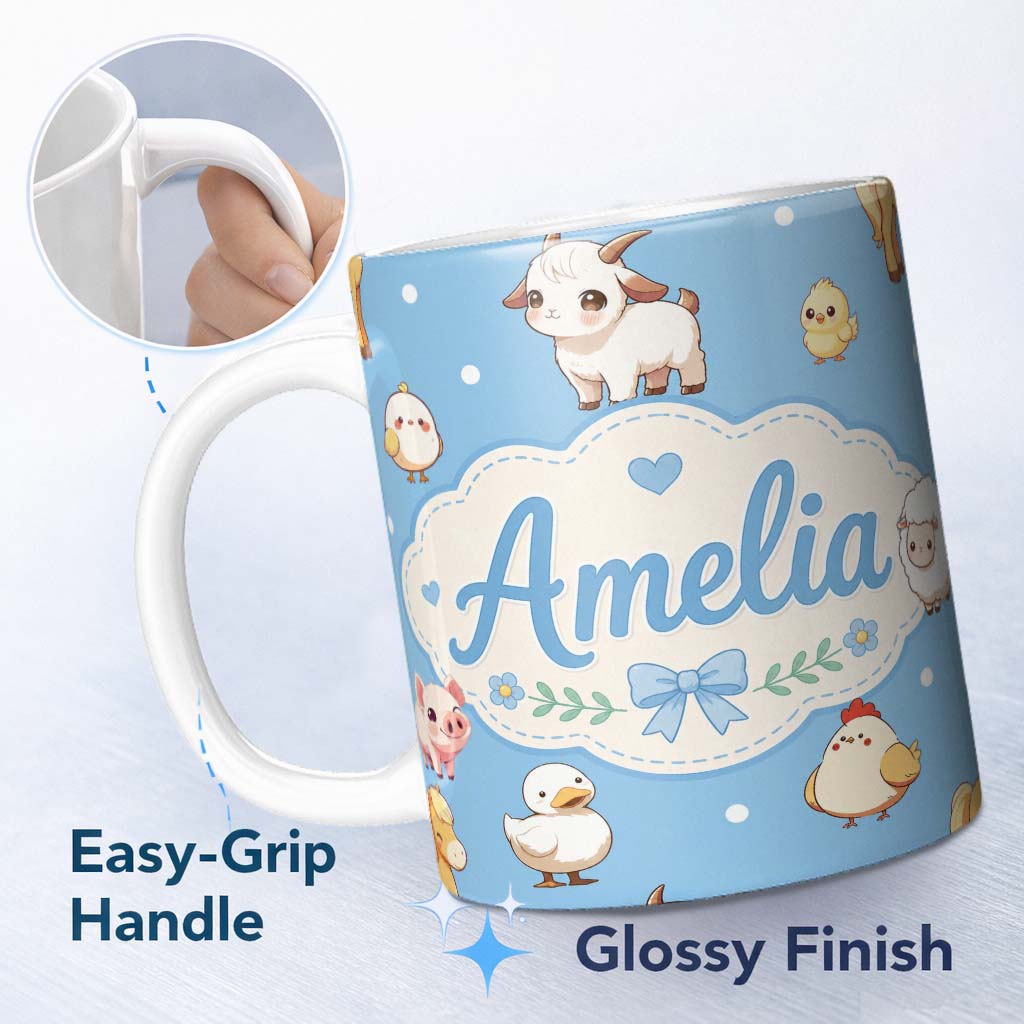 Personalized Custom Name Cute Farm Animals Cow Goat Pig Chicken Blue Seamless Pattern Name 11oz Ceramic Coffee Tea Mug White Large Handle