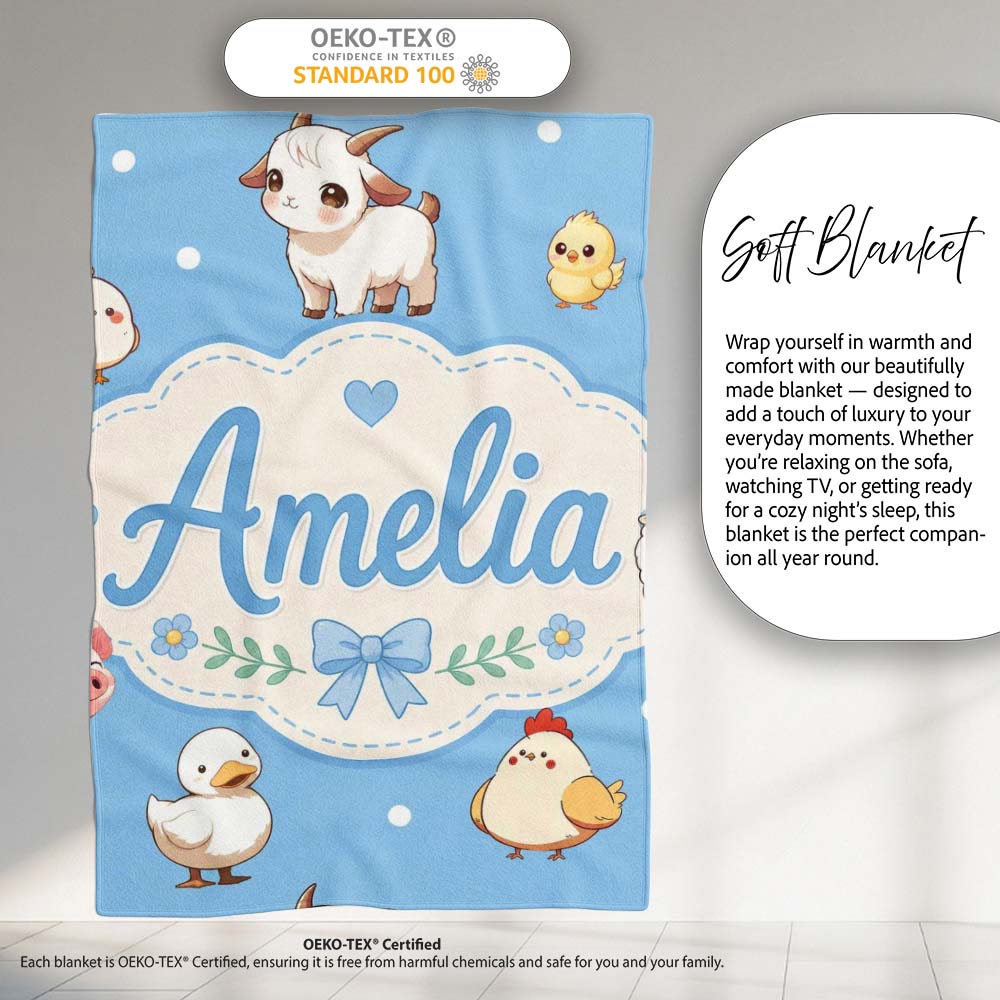 Cute Farm Animals Cow Goat Pig Chicken Blue Seamless Pattern Name Personalised Custom Name Super Soft Fleece Blanket Bed Sofa Throw