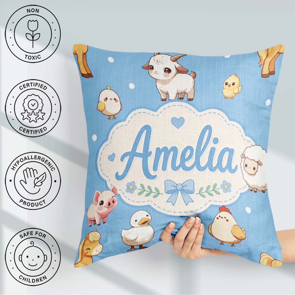 Custom Name Farm Animals Cow Goat Pig Chicken Blue Seamless Name Square Filled Cushion Throw Pillow Sofa Bed Home Decor Zip Washable UK Made