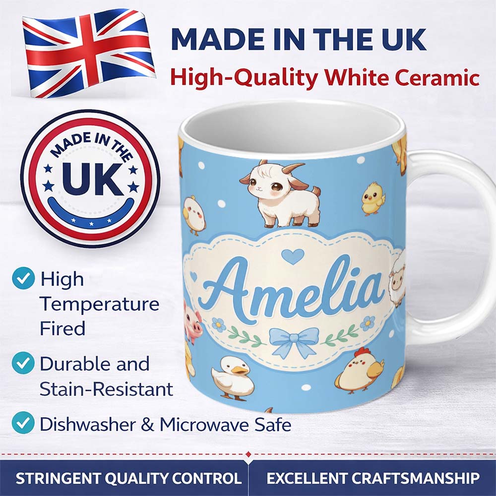 Personalized Custom Name Cute Farm Animals Cow Goat Pig Chicken Blue Seamless Pattern Name 11oz Ceramic Coffee Tea Mug White Large Handle