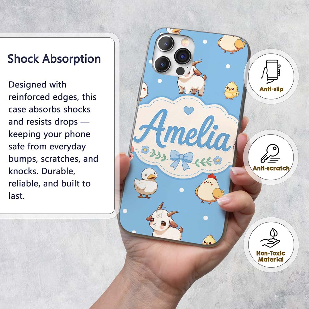 Cute Farm Animals Cow Goat Pig Printed Design Custom Name Protective Phone Case Mobile Cover Durable Everyday Smartphone Shock Resistant