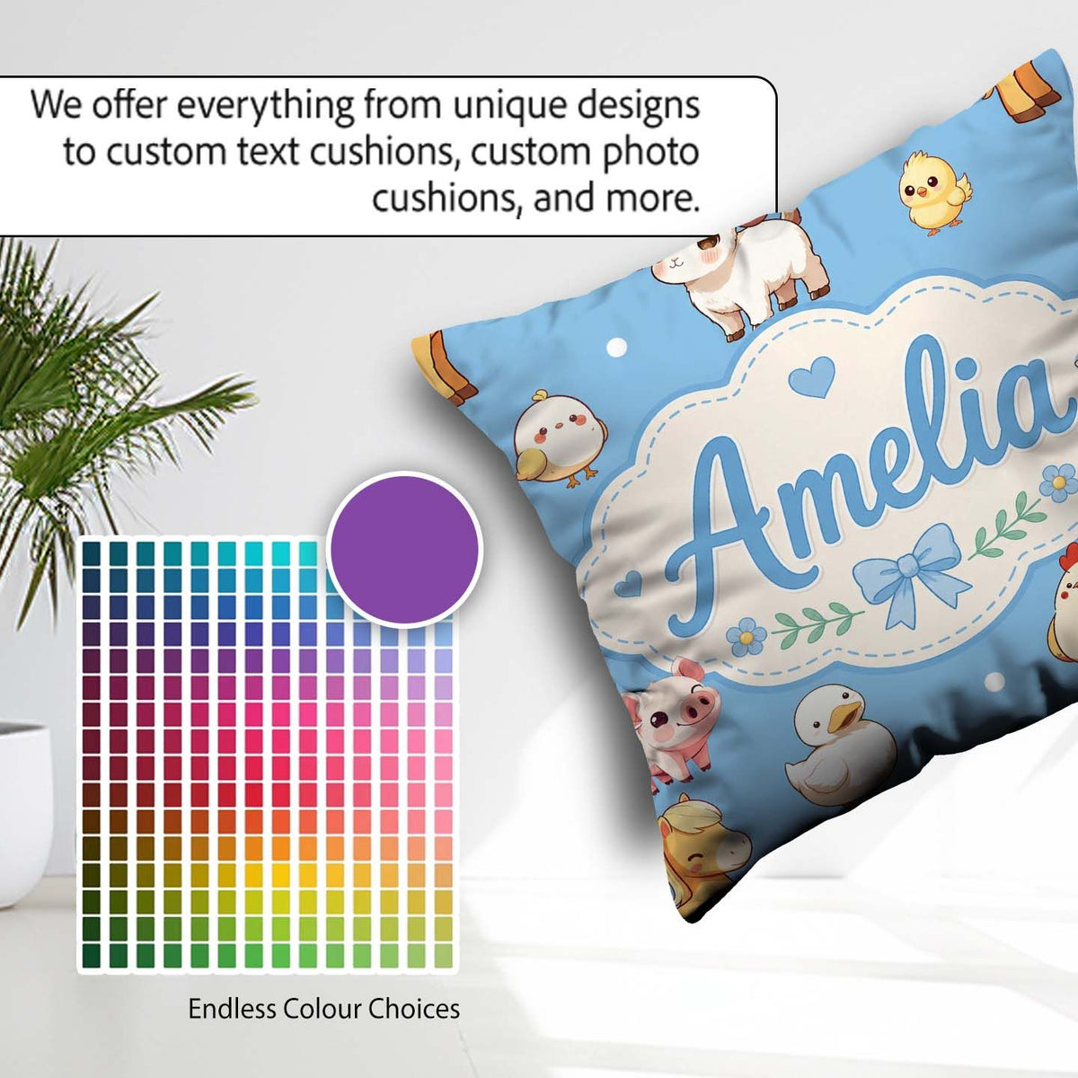Custom Name Farm Animals Cow Goat Pig Chicken Blue Seamless Name Square Filled Cushion Throw Pillow Sofa Bed Home Decor Zip Washable UK Made