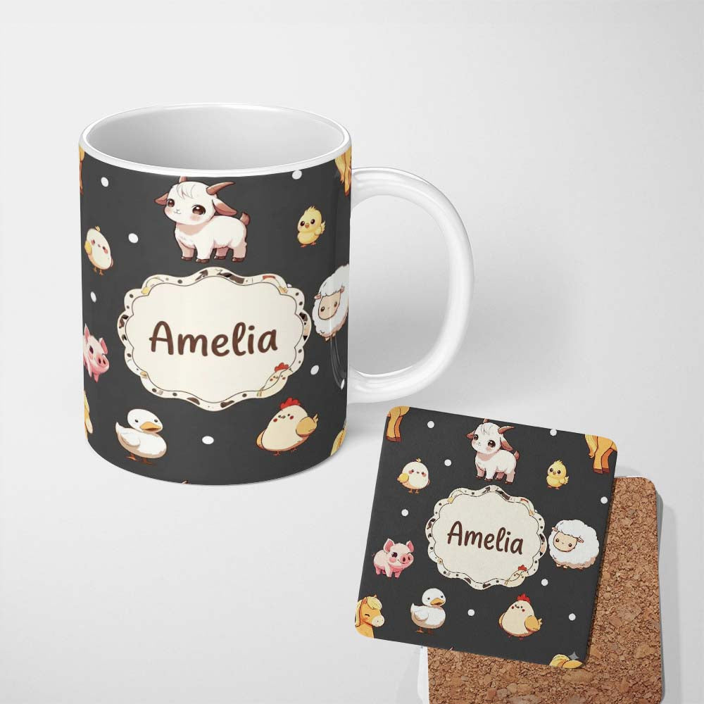Personalized Custom Name Cute Farm Animals Cow Goat Pig Chicken Dark Seamless Pattern Name 11oz Ceramic Coffee Tea Mug White Large Handle