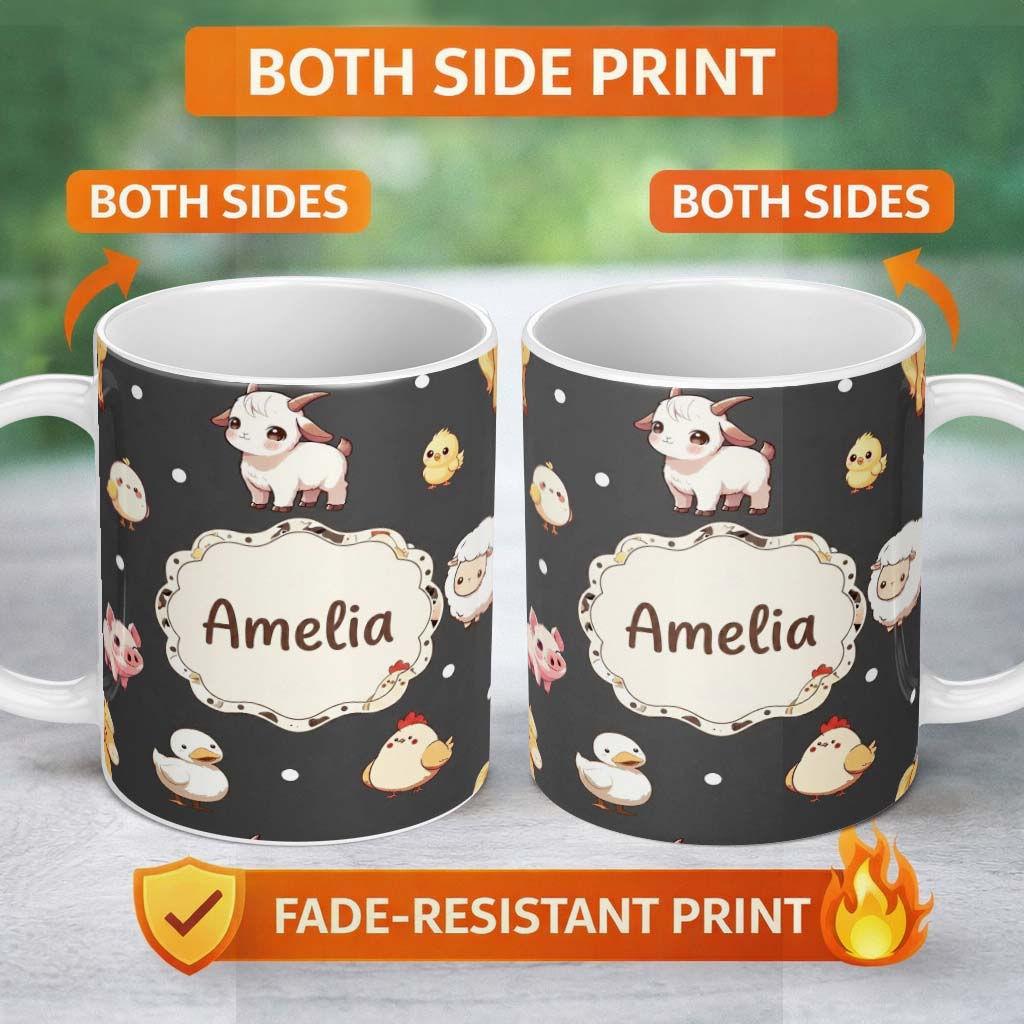 Personalized Custom Name Cute Farm Animals Cow Goat Pig Chicken Dark Seamless Pattern Name 11oz Ceramic Coffee Tea Mug White Large Handle