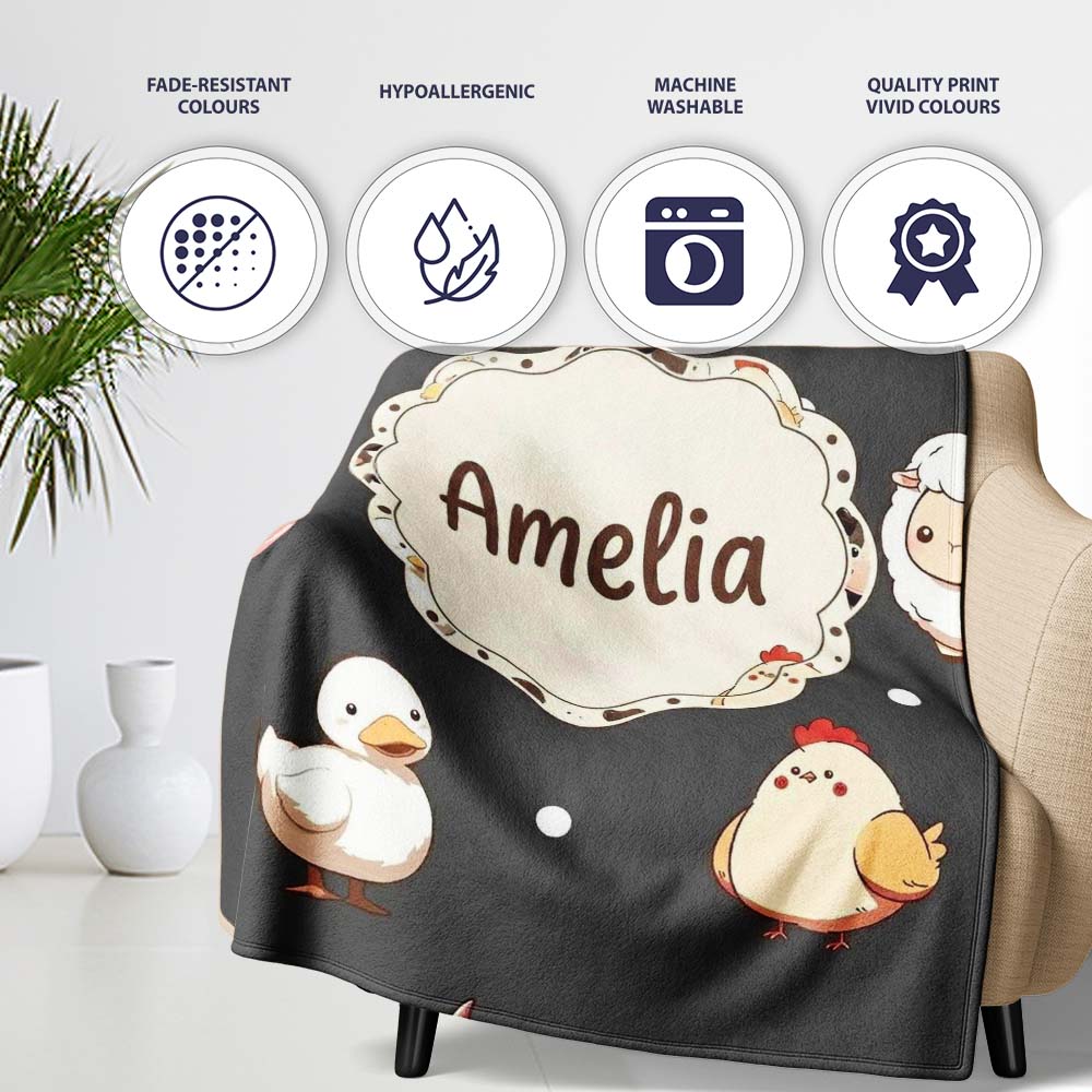 Cute Farm Animals Cow Goat Pig Chicken Dark Seamless Pattern Name Personalised Custom Name Super Soft Fleece Blanket Bed Sofa Throw