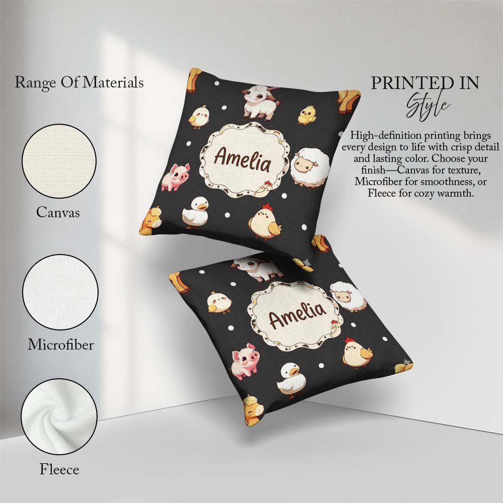 Custom Name Farm Animals Cow Goat Pig Chicken Dark Seamless Name Square Filled Cushion Throw Pillow Sofa Bed Home Decor Zip Washable UK Made