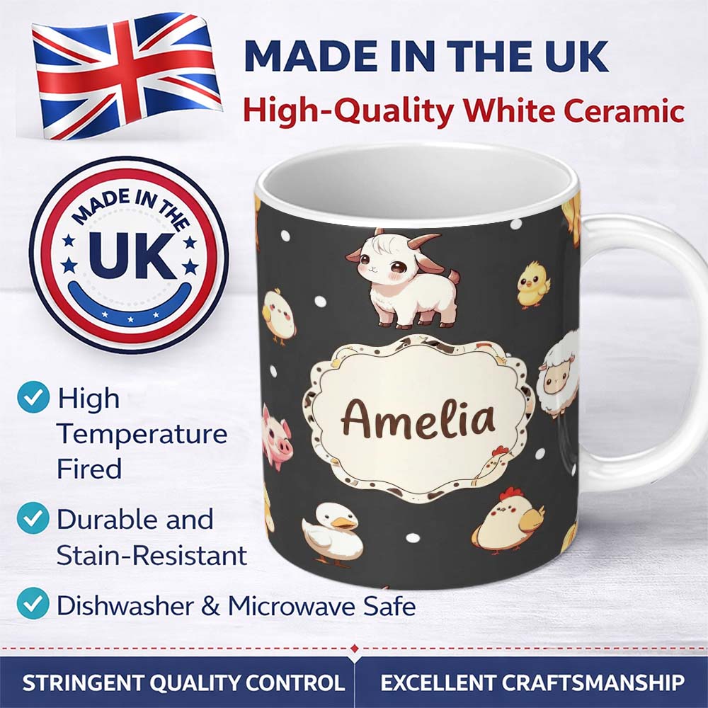 Personalized Custom Name Cute Farm Animals Cow Goat Pig Chicken Dark Seamless Pattern Name 11oz Ceramic Coffee Tea Mug White Large Handle