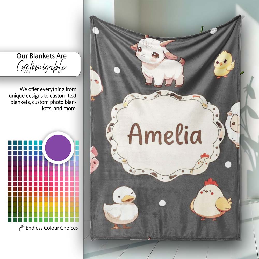 Cute Farm Animals Cow Goat Pig Chicken Dark Seamless Pattern Name Personalised Custom Name Super Soft Fleece Blanket Bed Sofa Throw