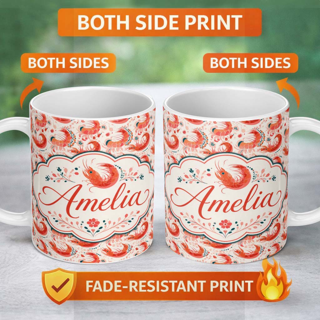 Personalized Custom Name Stylised Coral Shrimp with Floral Elements Seamless Pattern Lovely 11oz Ceramic Coffee Tea Mug White Large Handle