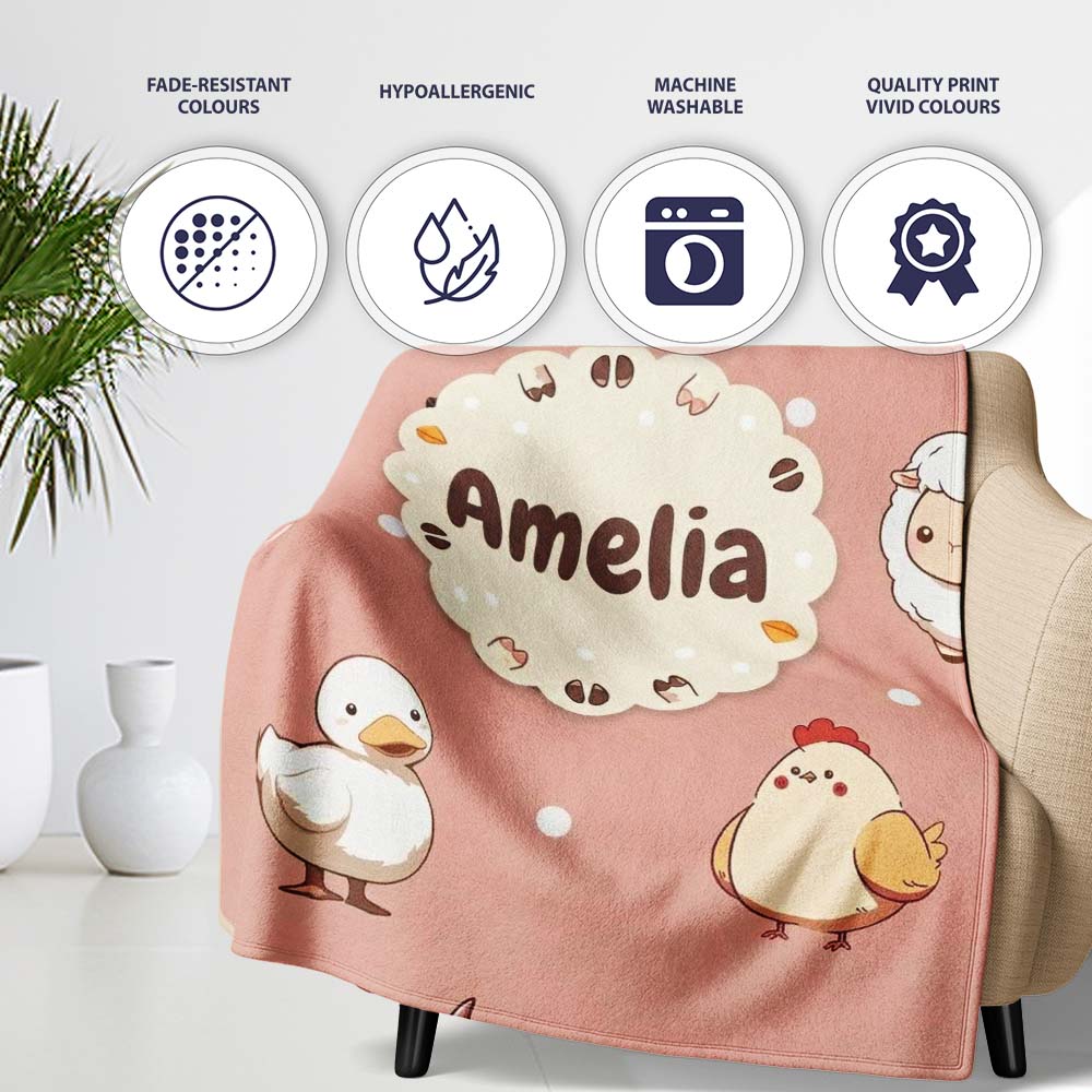 Cute Farm Animals Cow Goat Pig Chicken Peach Seamless Pattern Name Personalised Custom Name Super Soft Fleece Blanket Bed Sofa Throw